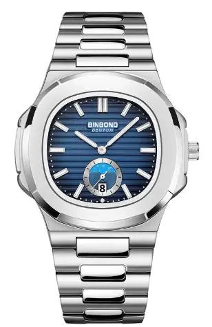 Silver watch with blue face on a white background