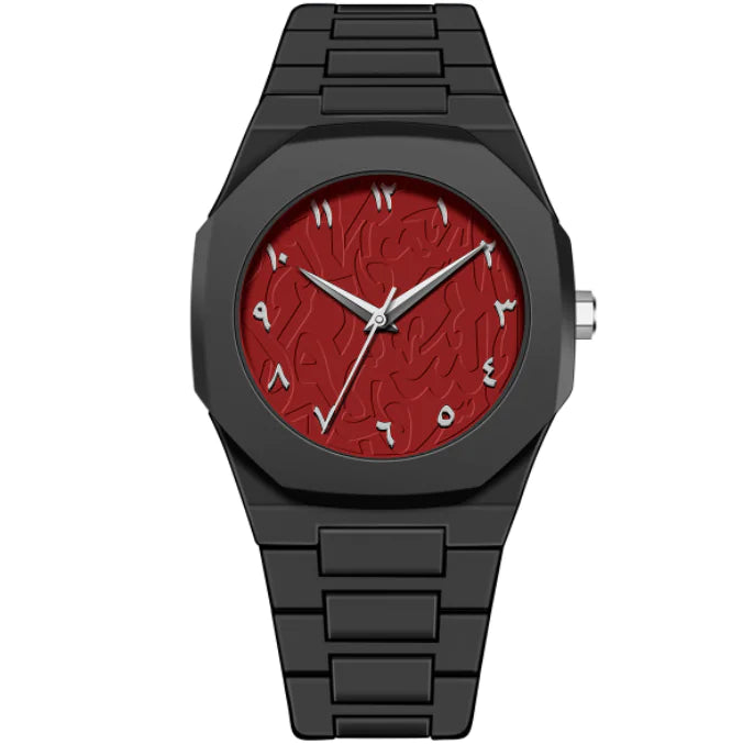 Black watch with a red face on a white background