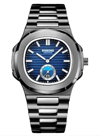 Silver watch with blue face on a white background