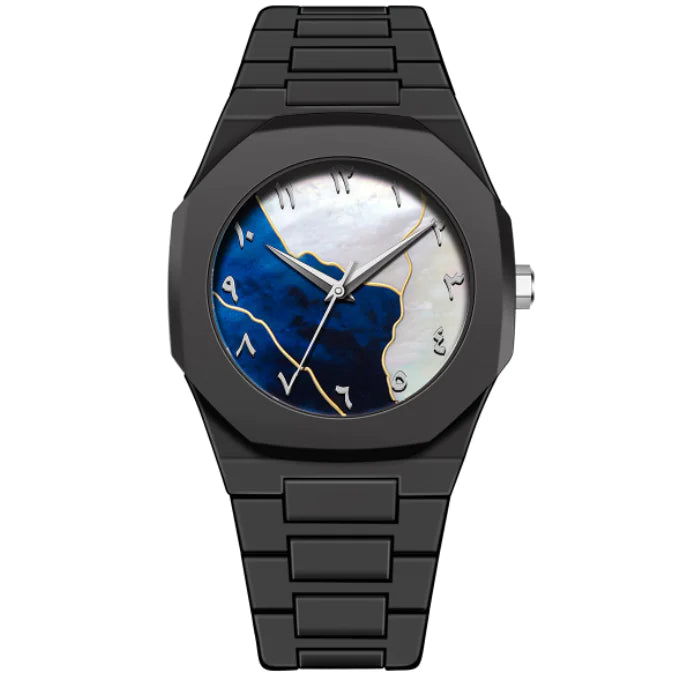 Black wristwatch with a unique face design on a white background