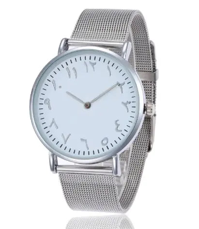 Silver watch with mesh band on a white background