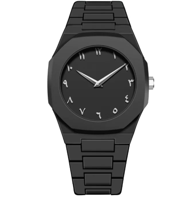 Black wristwatch with a white face on a white background