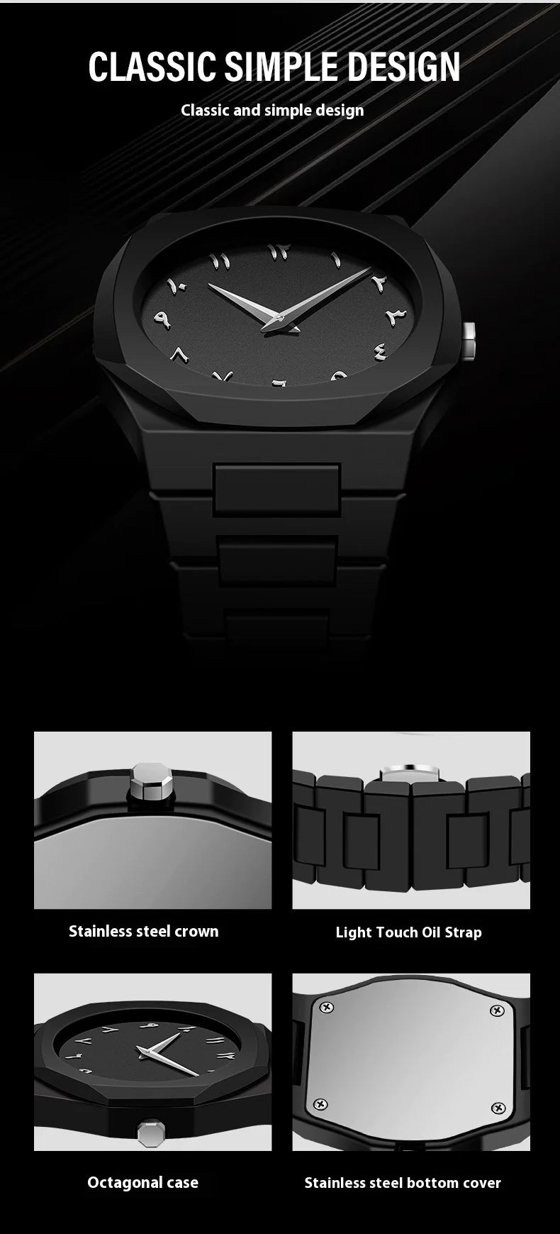 Black wristwatch with detailed features on a black background