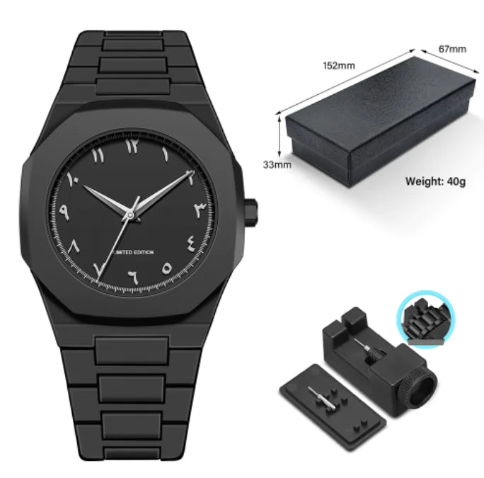 Black watch with packaging and additional components on a white background