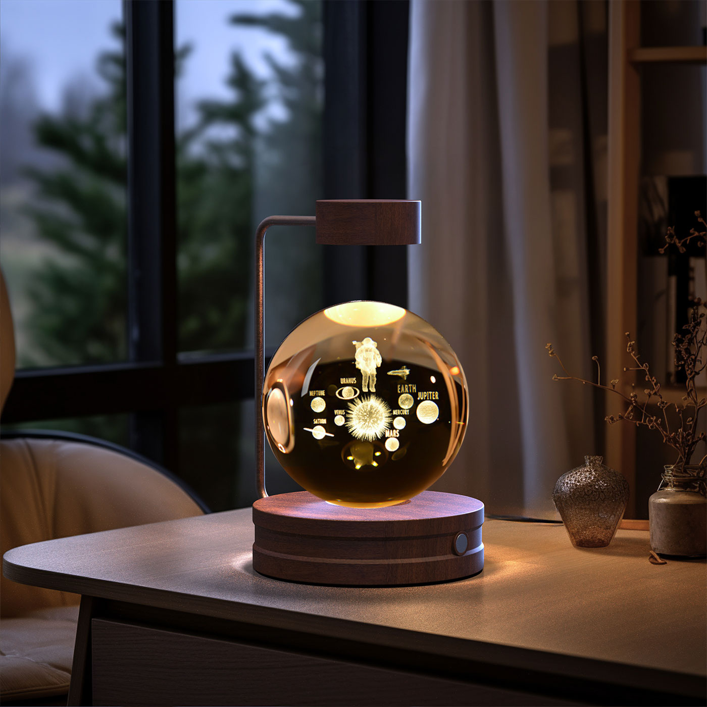 Decorative lamp with planetary design on a table in a room with a window and plants.