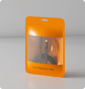 Orange packaging of a fast charging data cable on a gray background