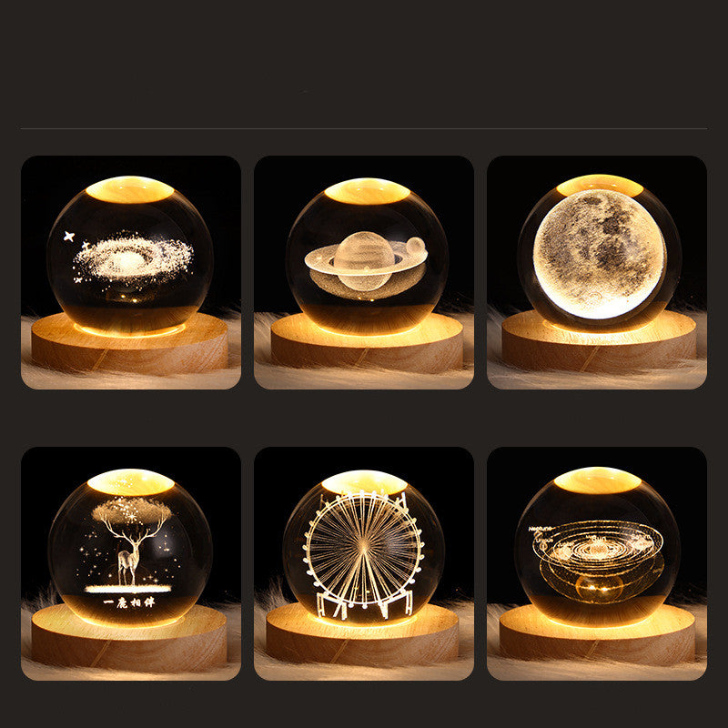 Set of six transparent spherical lamps with wooden bases, each displaying different designs.
