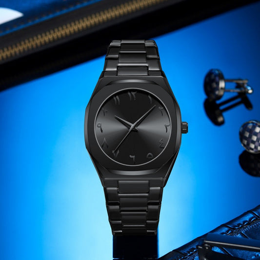 Black wristwatch on a blue background with accessories