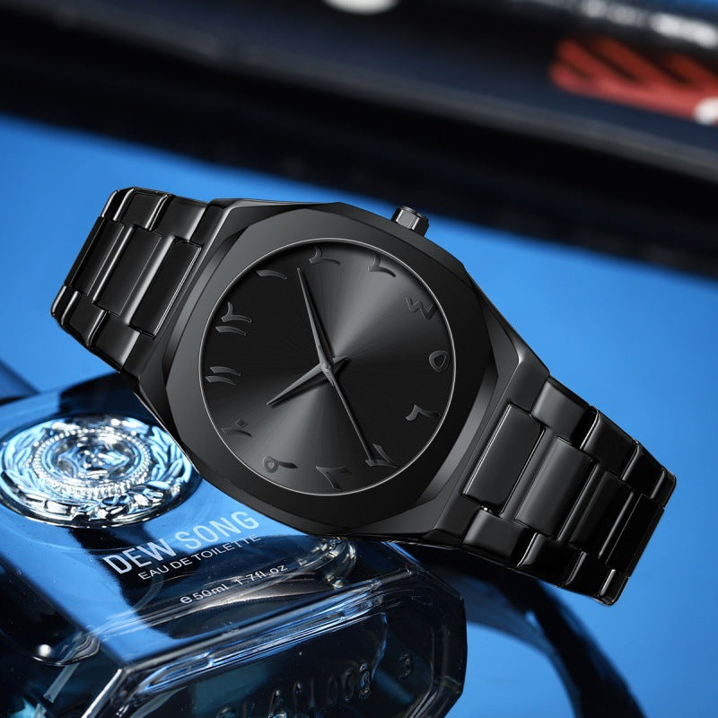 Black watch on a reflective blue surface with a blurred background