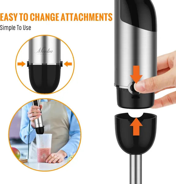Handheld blender with detachable attachments and user demonstration on a white background