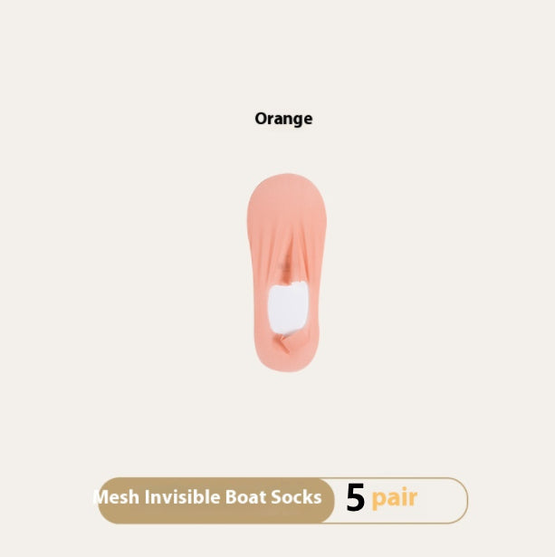 Orange mesh invisible boat sock on a white background with text indicating '5 pair' and color 'Orange'.
