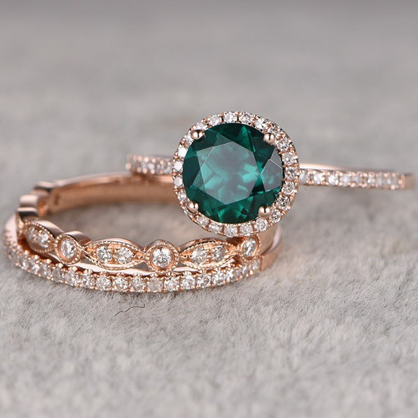 Rose Gold Emerald Ring Set - 3-Piece Engagement