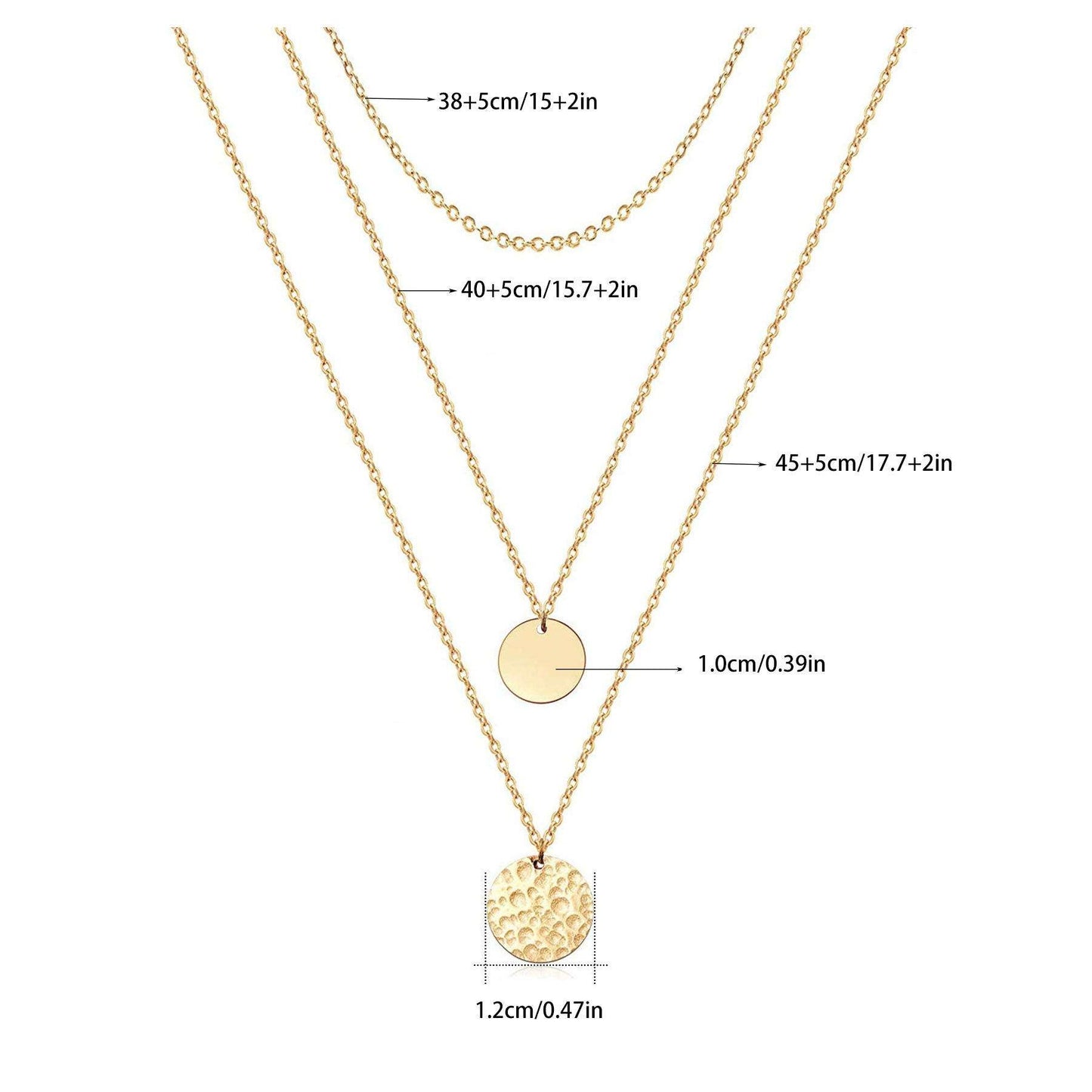 Gold necklaces with round pendants and measurements on a white background