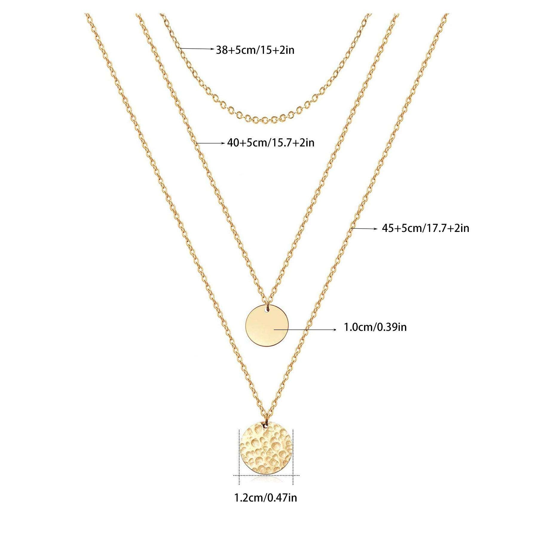 Gold necklaces with round pendants and measurements on a white background
