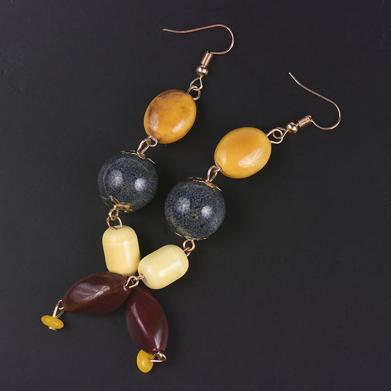 Pair of earrings with multicolored beads on a black background