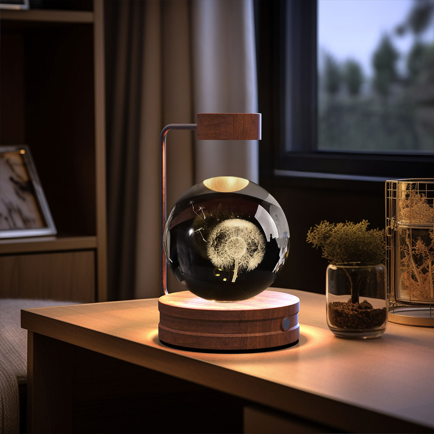Decorative lamp with a glass sphere on a wooden base in a room setting.