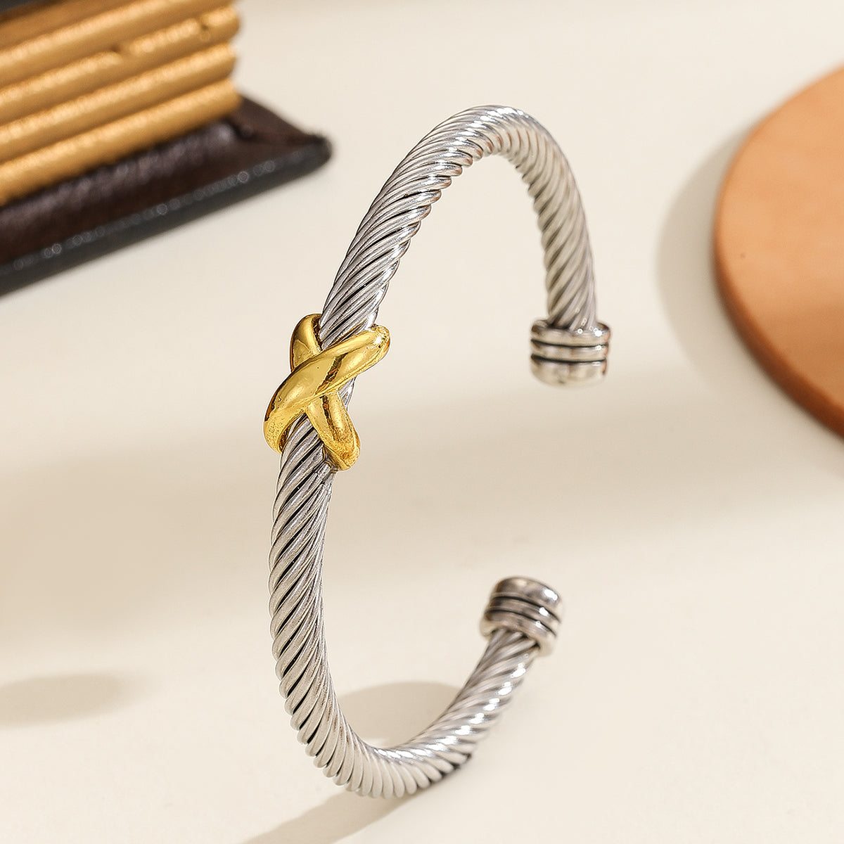 Stainless Steel Zircon Rope Bracelet | Gold & Silver Dual-Tone Unisex Bangle