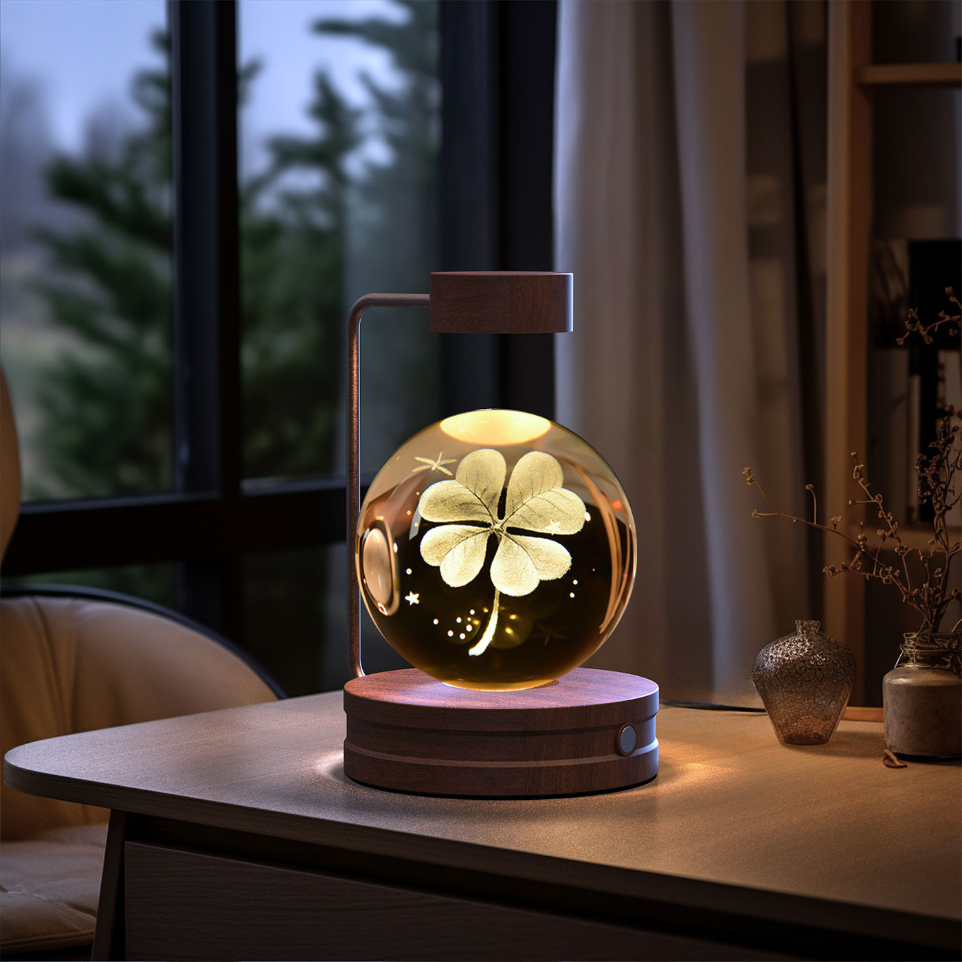 Decorative lamp with a four-leaf clover design on a wooden table.