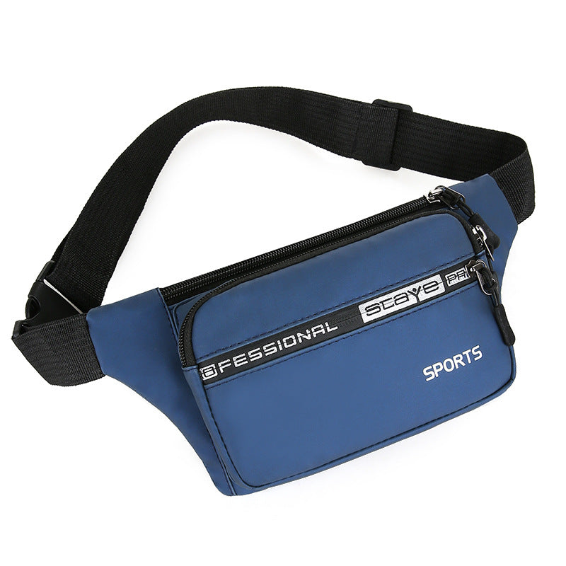 Blue waist bag with black strap on a white background