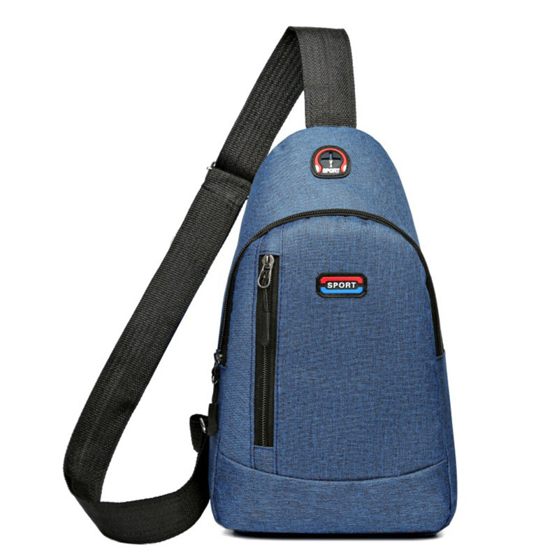 Blue sling bag with a black strap on a white background