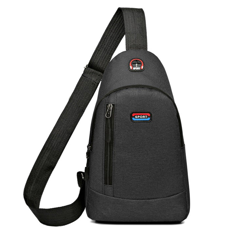 Black sling bag with visible brand logos on a white background