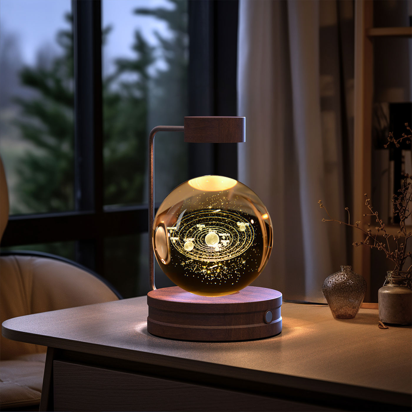 Decorative lamp with a glass sphere on a wooden table in a room with a window and plants.