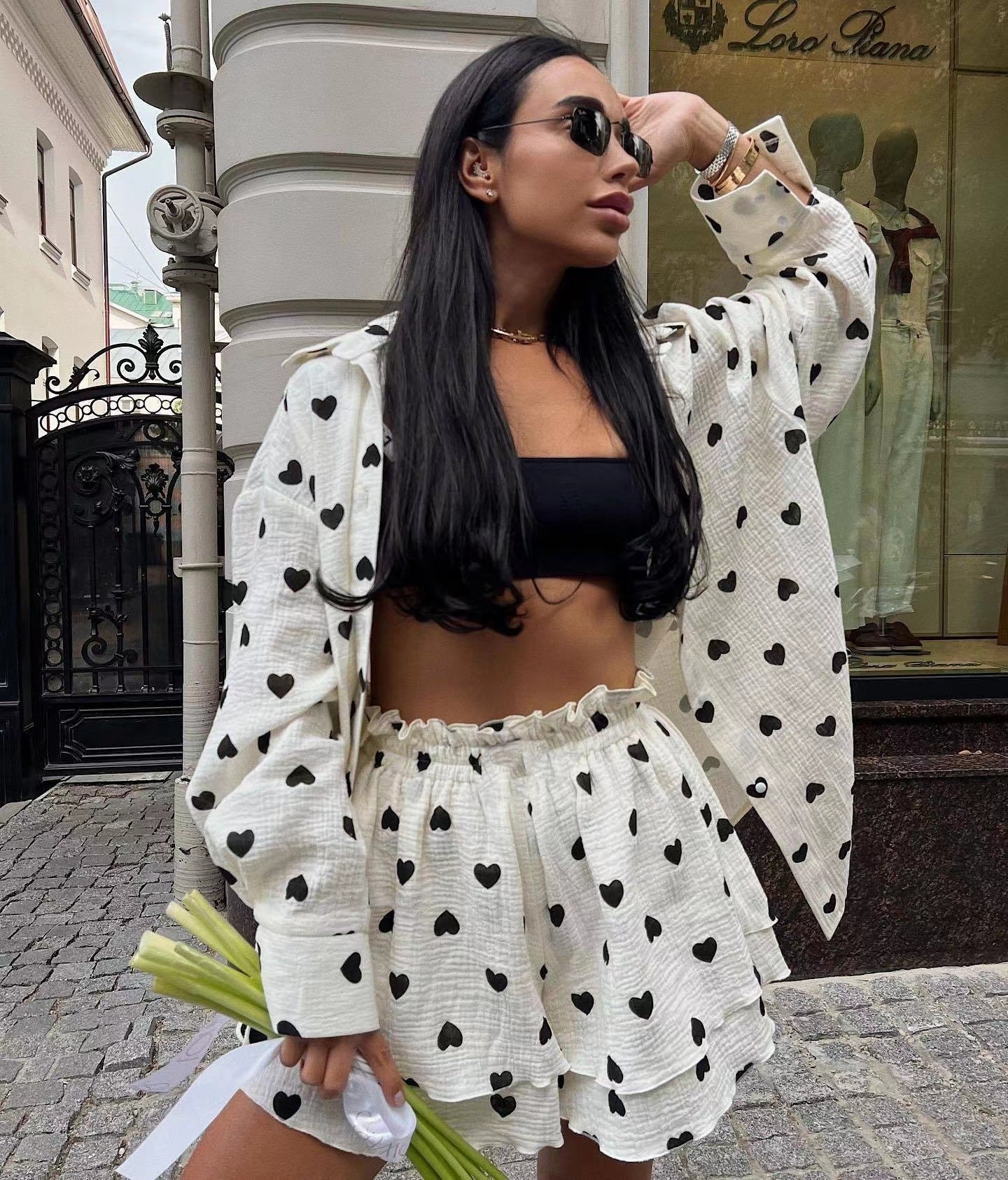 Women's Cotton Linen Two-Piece Set - Casual Heart Print Outfit