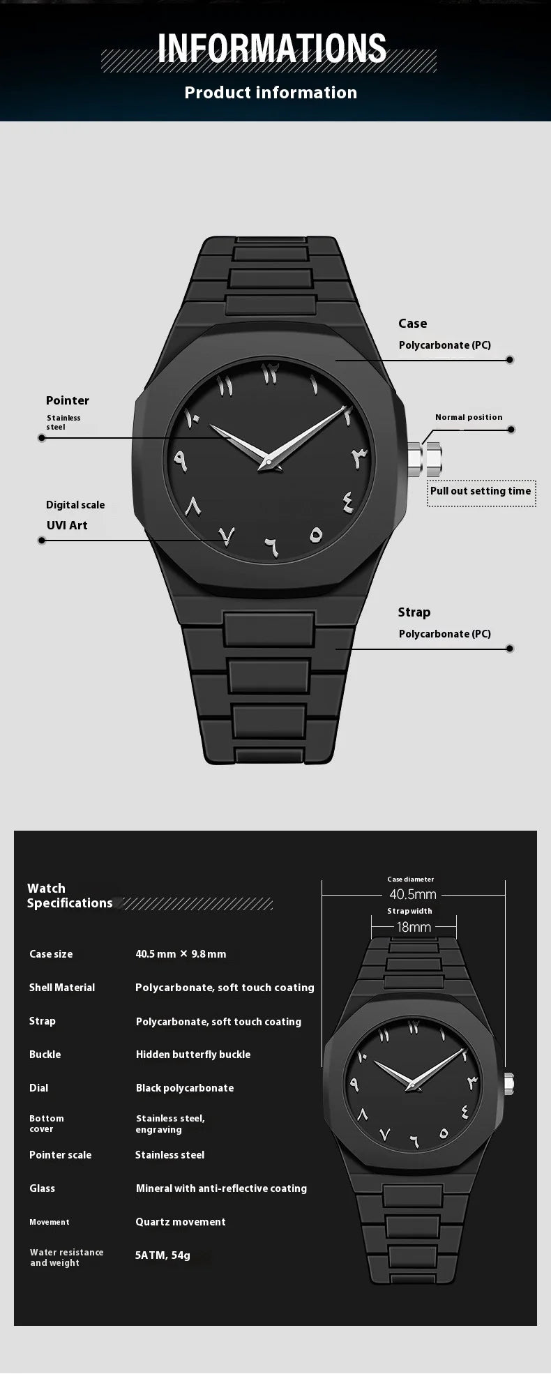 Black watch with detailed specifications on a gray background