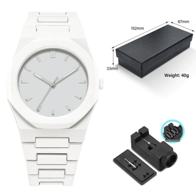 White watch with packaging and accessories on a white background