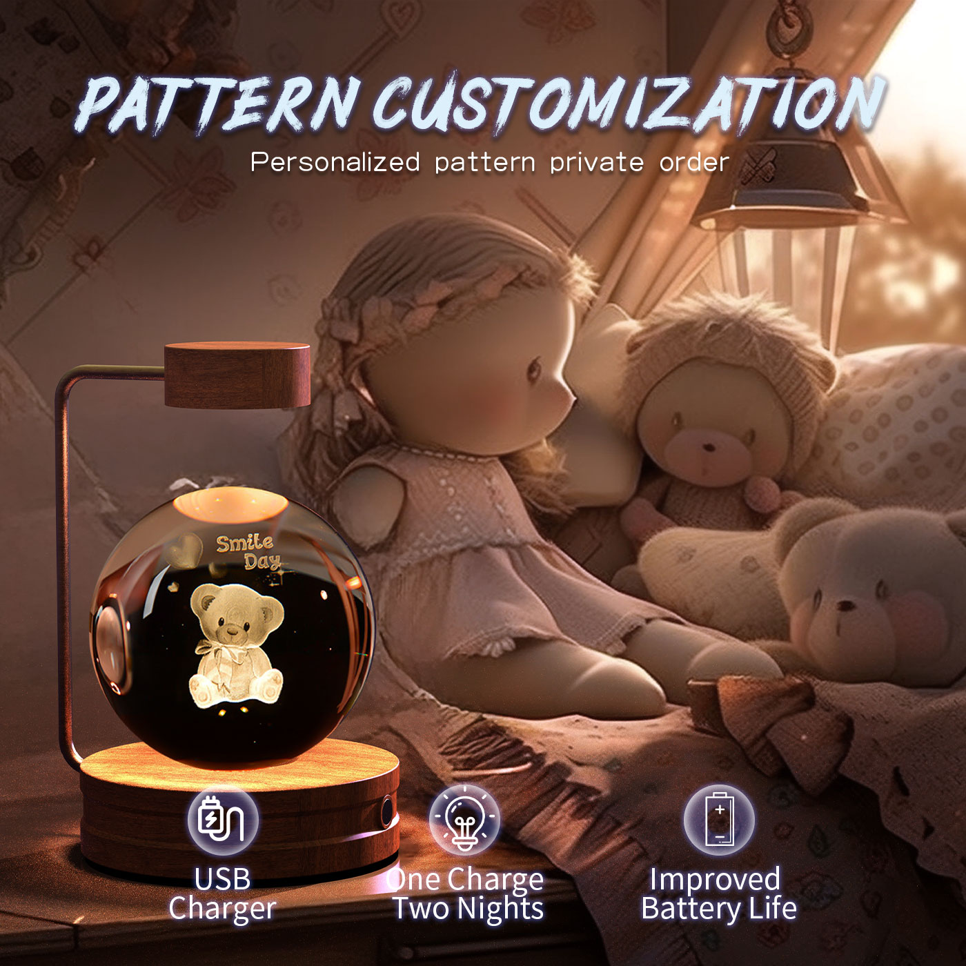 Decorative night light with teddy bear design, USB charger, and customizable pattern features.