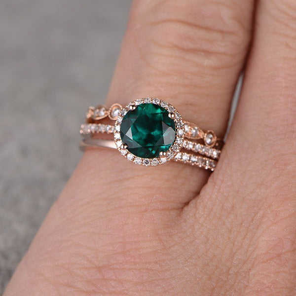 Rose Gold Emerald Ring Set - 3-Piece Engagement