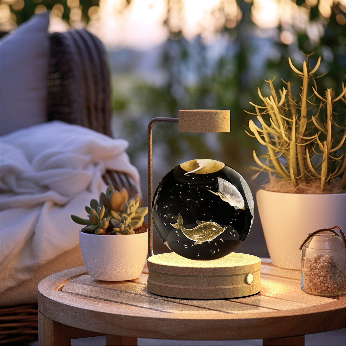 Decorative lamp with whale design on a wooden table outdoors
