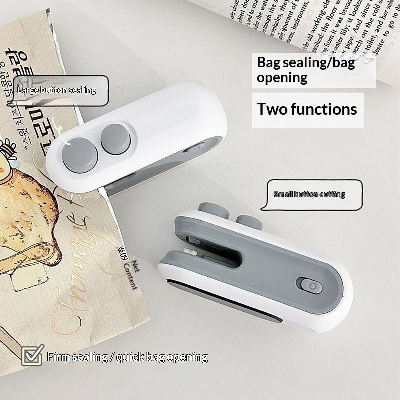 White and gray bag sealing and opening tool on a light gray background with text labels.