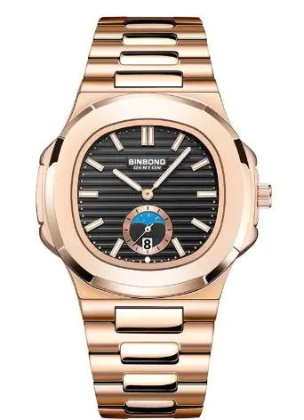 Rose gold watch with black dial on a white background