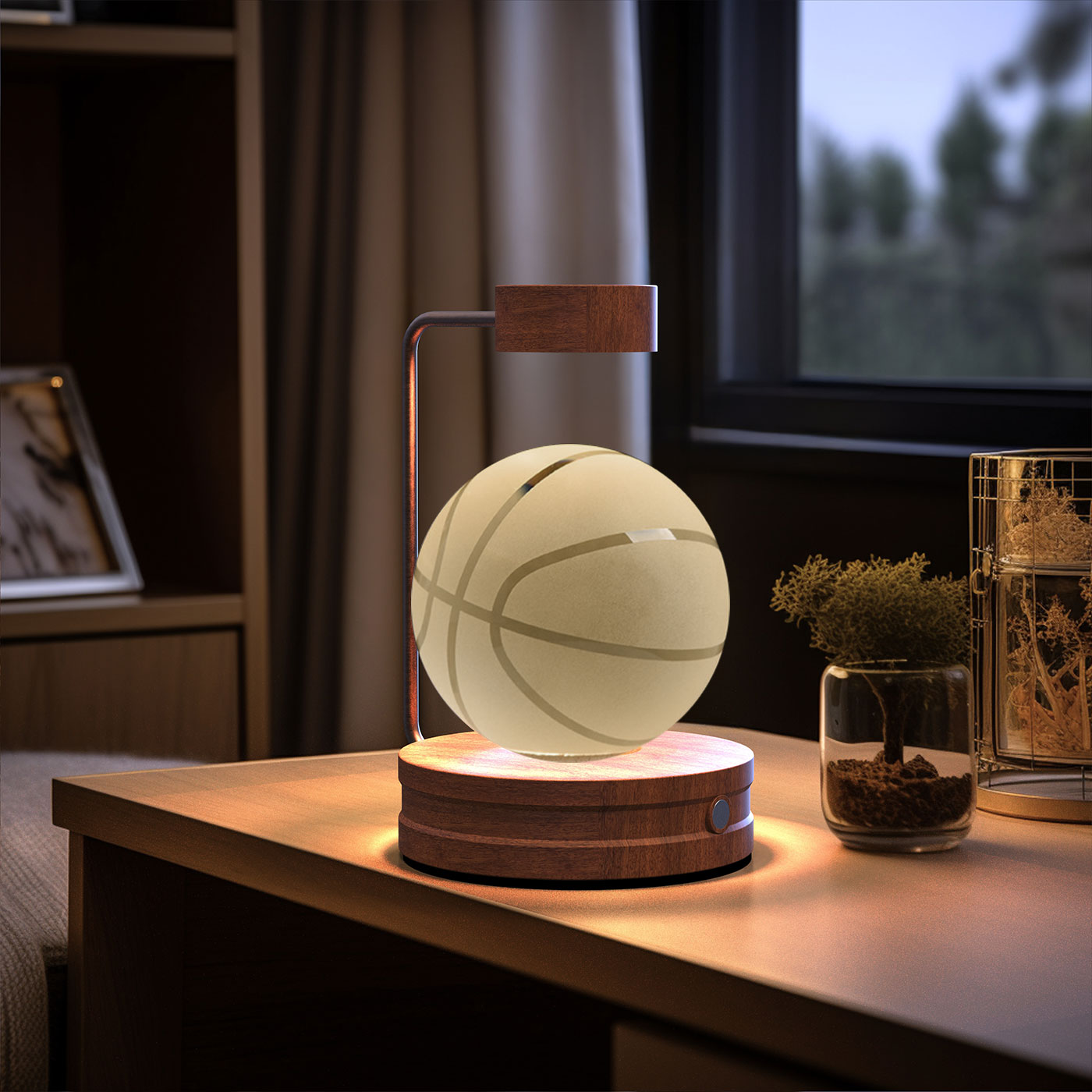 Decorative lamp shaped like a basketball on a table with a blurred background