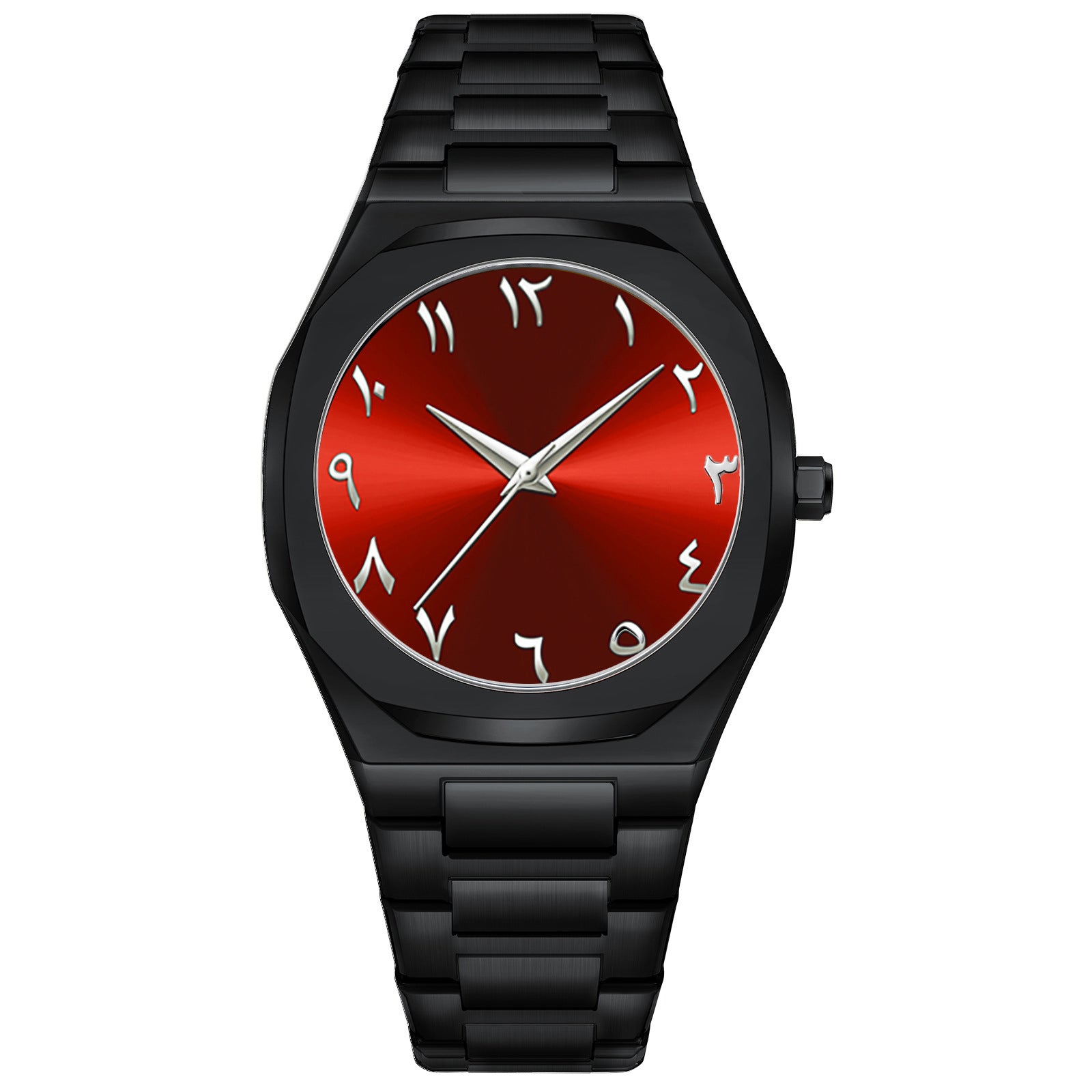 Black wristwatch with a red face on a white background