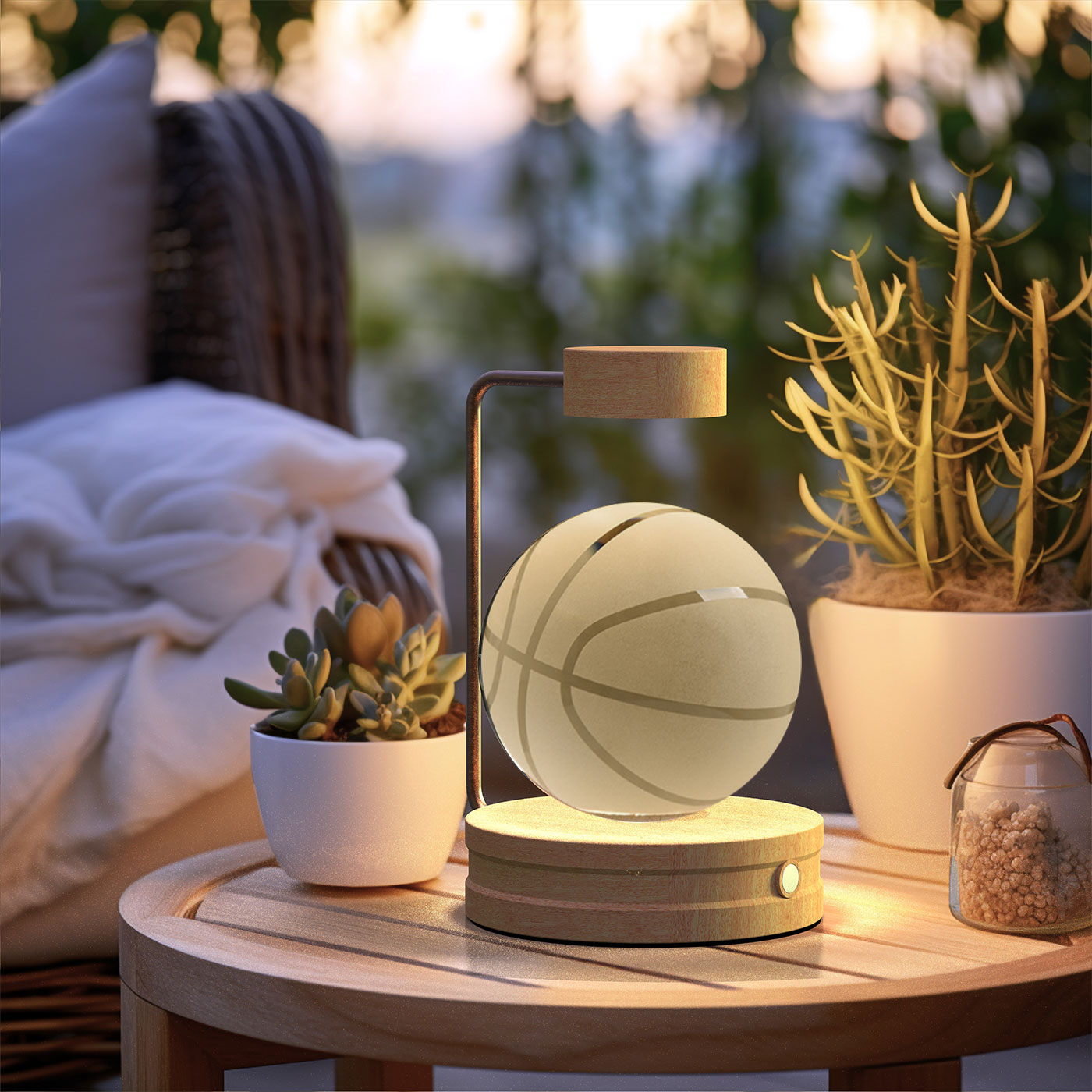 Basketball-shaped lamp on a wooden table with plants and pillows in the background