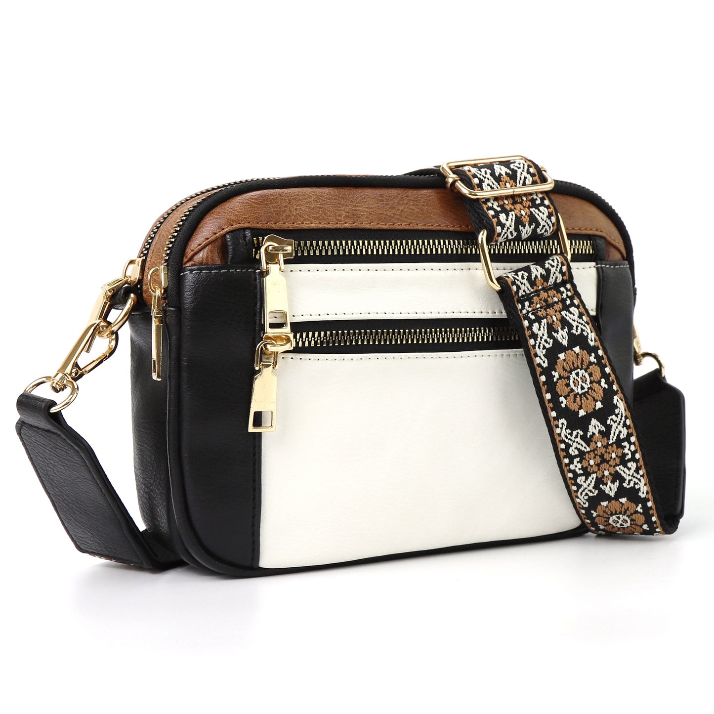 Floral Embroidered Crossbody Bag - Triple-Zip Colorblock Shoulder Bag for Women