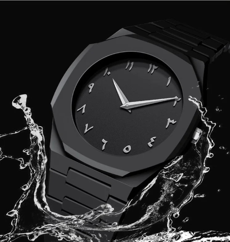 Black wristwatch with water splash effect on a black background