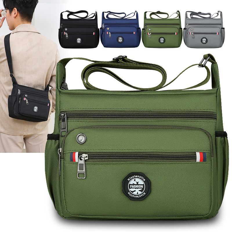Green shoulder bag with multiple zippers and a brand logo, displayed with other color options.