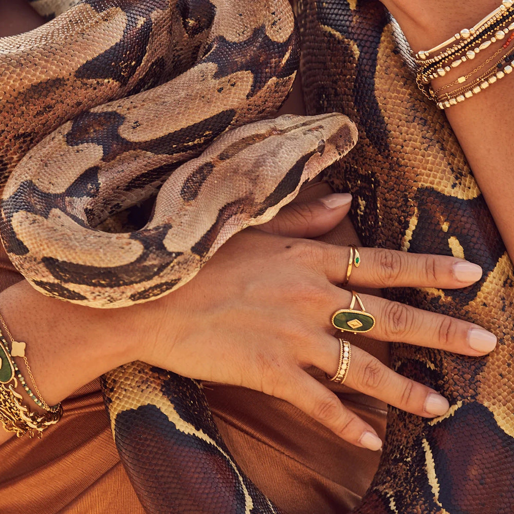 Person holding a snake with jewelry on, including rings and bracelets.