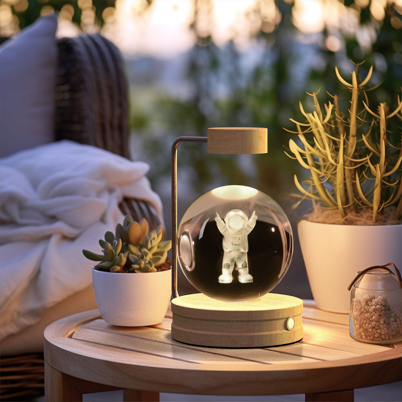 Glass orb with an astronaut figure on a wooden table outdoors