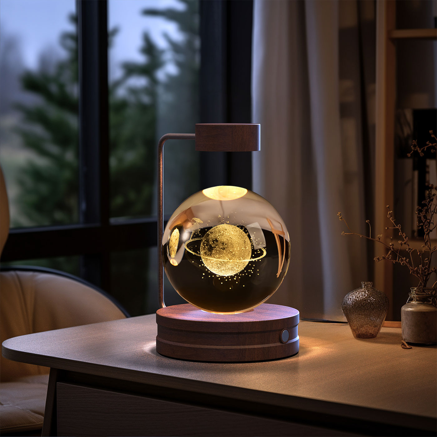 Glowing decorative lamp on a table with a blurred indoor background