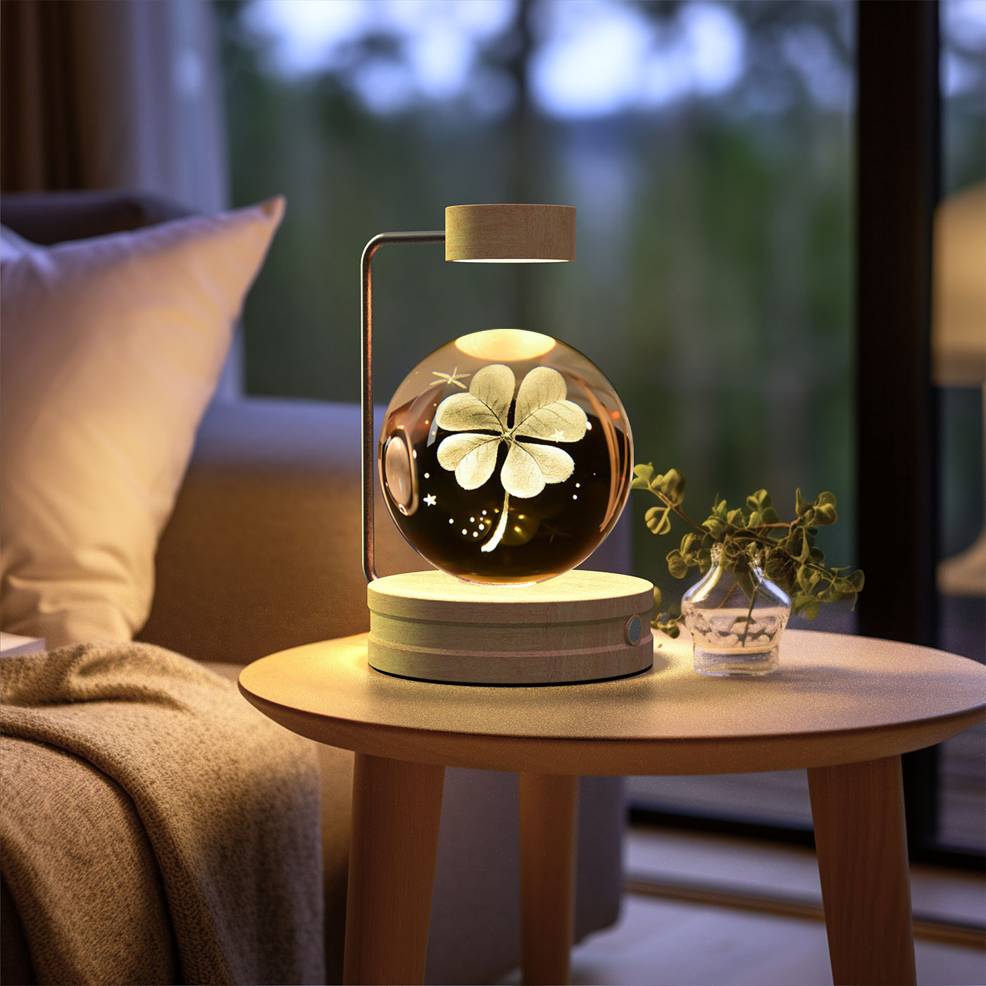 Decorative lamp with a four-leaf clover design on a small wooden table.