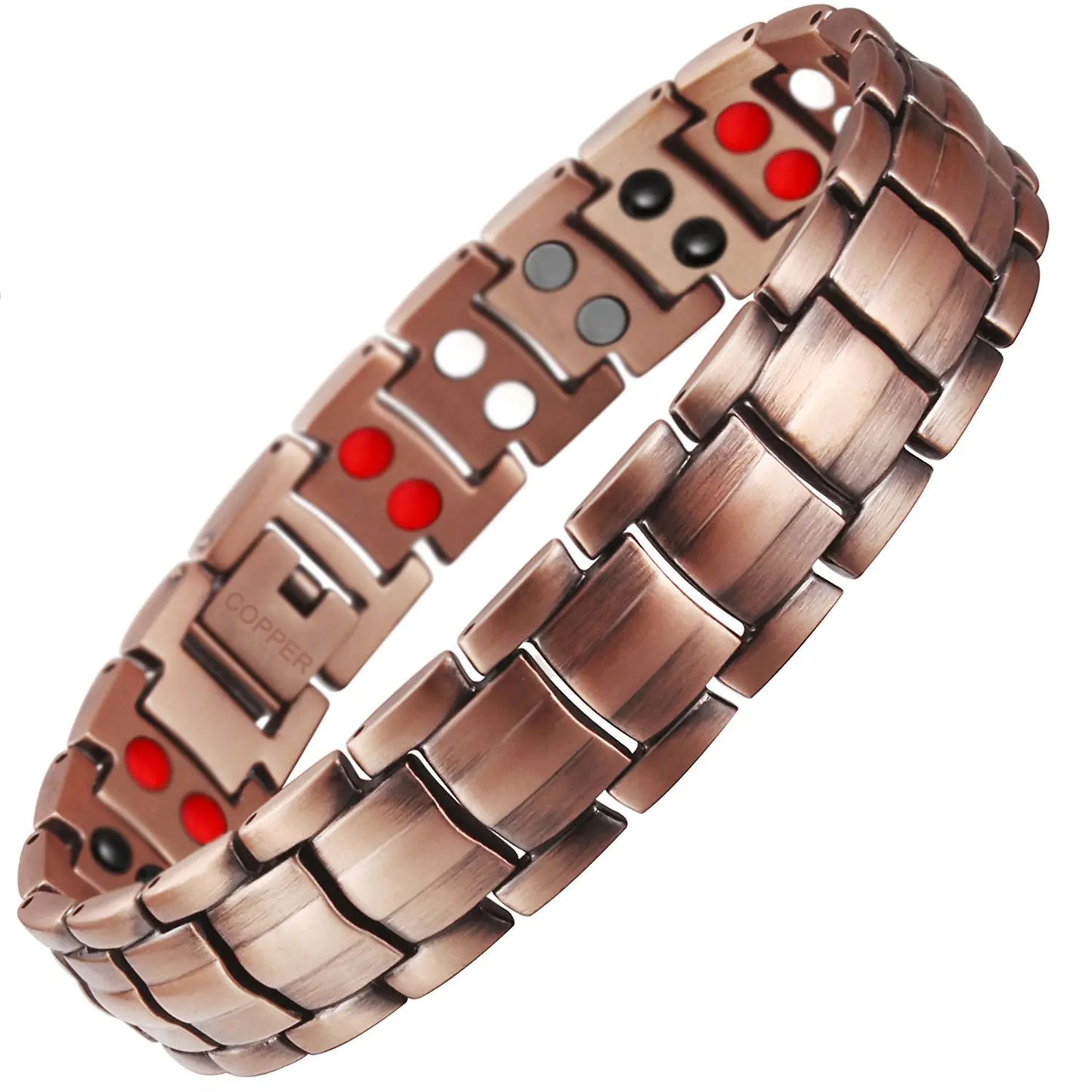 Metallic bracelet with red and black stones on a white background