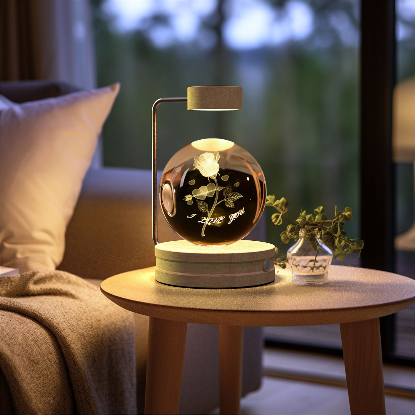 Decorative lamp with floral design on a small table in a cozy living room.