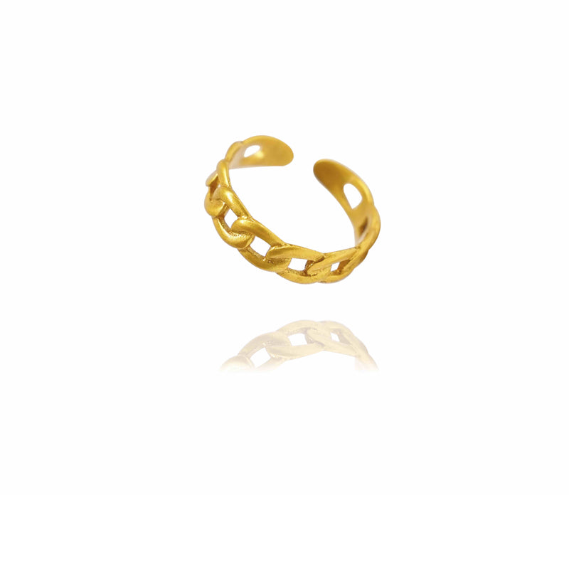 Gold ring with a textured design on a white background