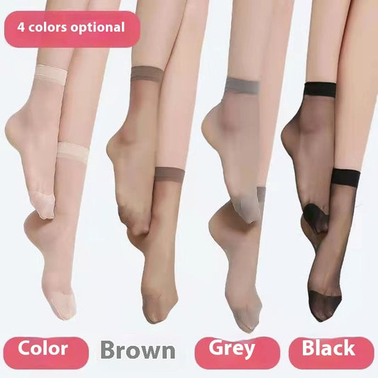 Sheer stockings in brown, grey, and black with color options displayed.