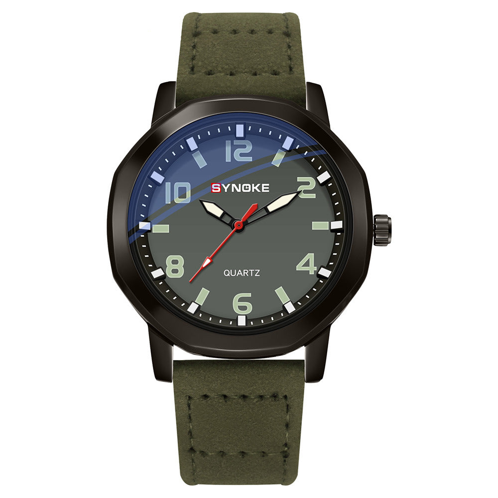 Watch with green strap and black case on a white background