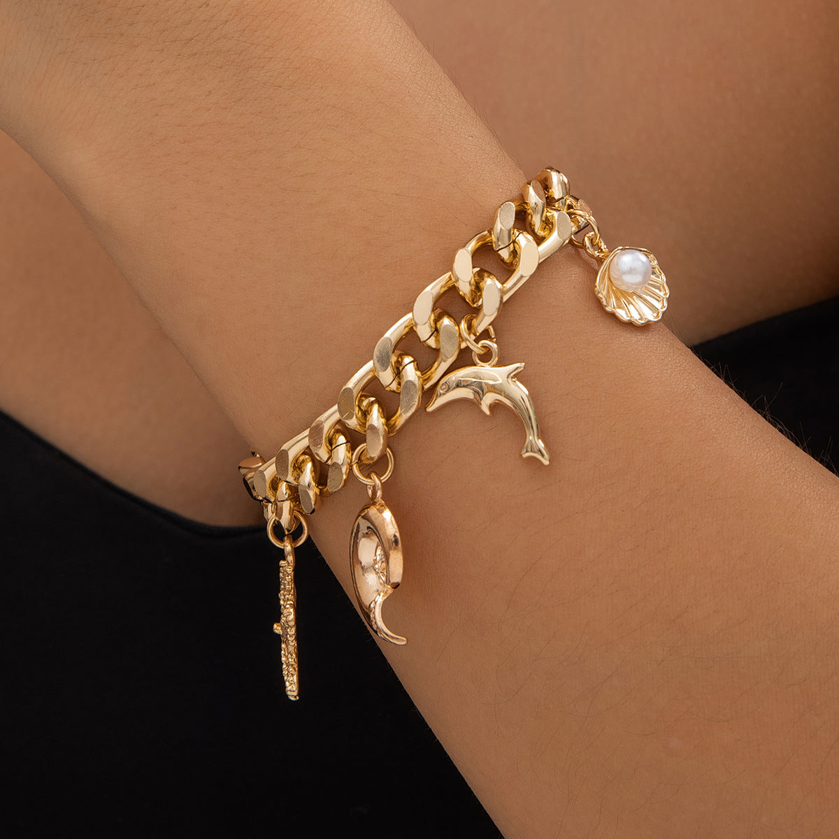 Boho Conch Dolphin Starfish Choker Necklace & Bracelet | Gold Vintage Tassel Jewelry for Women